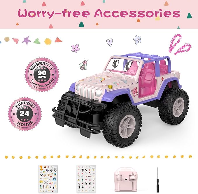 NQD Pink RC Cars 1:16 Scale with DIY Sticker, Remote Control Car for Girls, 80 Min Play 2.4Ghz Jeep RC Trucks,Little Girl Toys Gifts, Pink-Purple