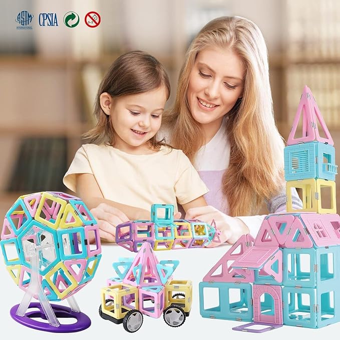 MAGBLOCK Magnetic Tiles with 2 Cars-156Pcs Magnet Toys Set for 3+ Year Old Boys Girls Toddlers, Idea for Girls Magnetic Blocks Building STEM Creativity Educational Toys for Kids