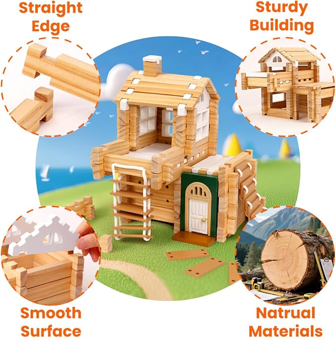 Jovi-mindly＆Notchies 107 Pcs Wooden Blocks Toys with Door and Windows,Classic Old Fashioned Toys,Wooden Building Blocks for Kids Ages 4-8 Boys and Girls,FSC Certified,Graduate Gifts