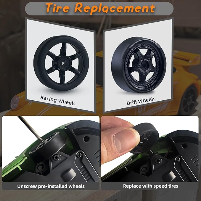 1/24 4WD RC Drift Car - 2.4GHz Remote Control With LED Light, High Speed, Two Rechargeable Batteries and Drift Tires for Kids and Adults - Orange