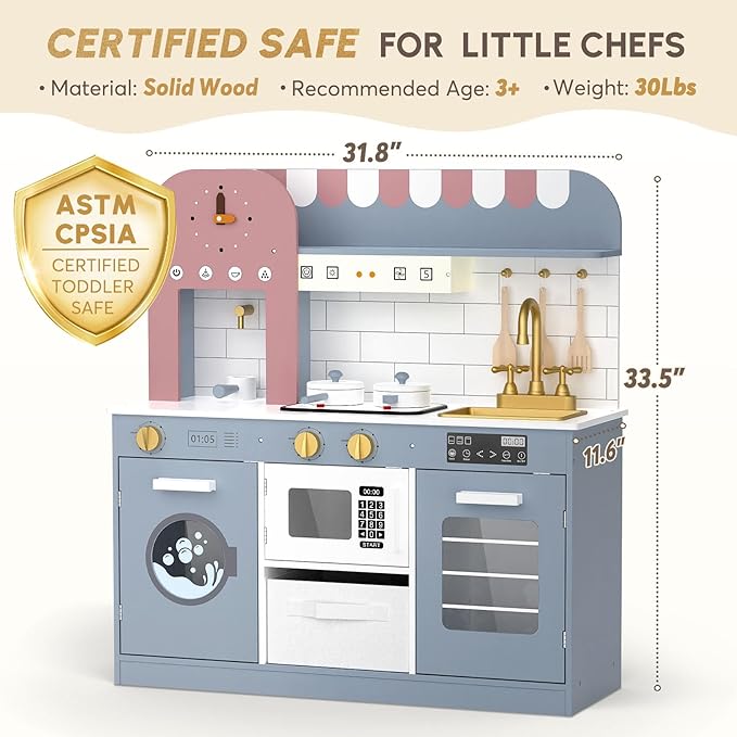 BIERUM Play Kitchen with Realistic Lights & Sounds, Wooden Kitchen Playset Chef Pretend Play Set for Toddlers, Toy Kitchen with 26 Pcs Toy Food & Cookware Accessories, Gift for Ages 3+ (Bule)