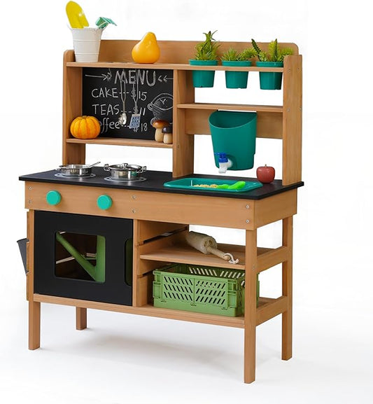 Mud Kitchen for Kids Outdoor – Wooden Pretend Play Kitchen Set with Realistic Stove, Sink & Gardening Tools | Montessori Learning Playset Toy for Toddler Ages 3+