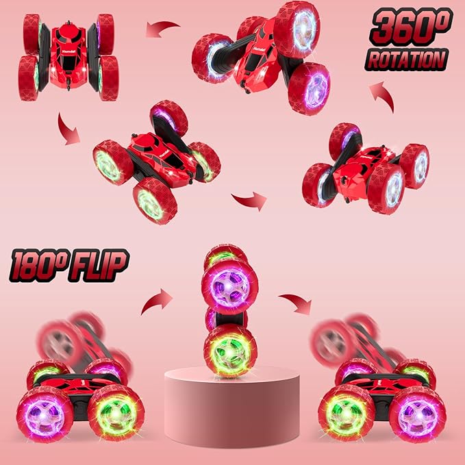 Remote Control Car for Boys 6-12 Year Old Double Sided 360°Rotating 4WD Rechargeable RC Cars Race Stunt Toy Car for Kids Birthday-Red