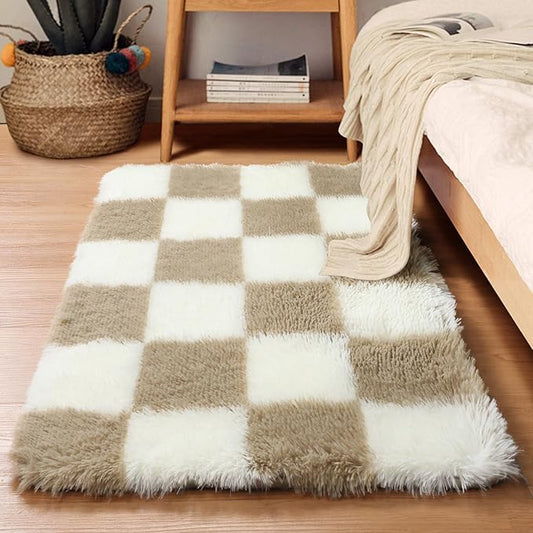 KICMOR Small Beige and Cream White Area Rugs for Bedroom, 2x3 Fluffy Fuzzy Plush Shaggy Checkered Rug, Soft Furry Bedside Rug Small Throw Carpet for Living Room Kids Girls Boys Nursery Home Decor