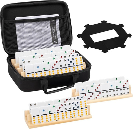 DAILYLIFE Dominoes for Kids, Double 6 Dominoes Set with 4 Wooden Racks/Trays, Double Six Dominoes Set with Portable Case, 28 Tiles Dominos Set for Family Board Games