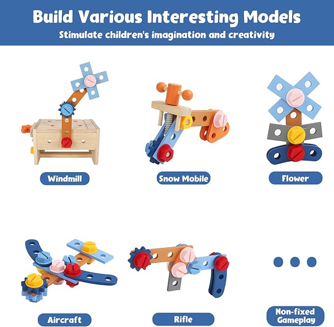 Vextronic Kids Tool Set, 38 PCS Wooden Montessori Toy Tools for Toddlers 1 2 3 4 5 6 with Tool Bench/Box, Play Toddler Tool Set, Educational STEM Construction Christmas Birthday Gift for Boys Girls