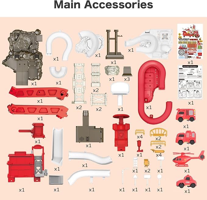 52PCS Fire Rescue Adventure Track Playset for Kids Ages 3+, Electric Ladder, 3 Mini Cars&one Airplane, Multi-Level Tracks with Lights & Sounds, Obstacles & Role Play, Gift for Boys & Girls