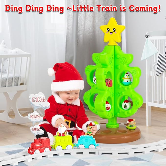 My First Christmas Tree for Toddlers, Montessori Christmas Decoration Toy with Ornaments, Mini Train Set, Roly Poly Toys, Finger Puppets, Birthday Xmas Gifts for Little Kids Boys and Girls