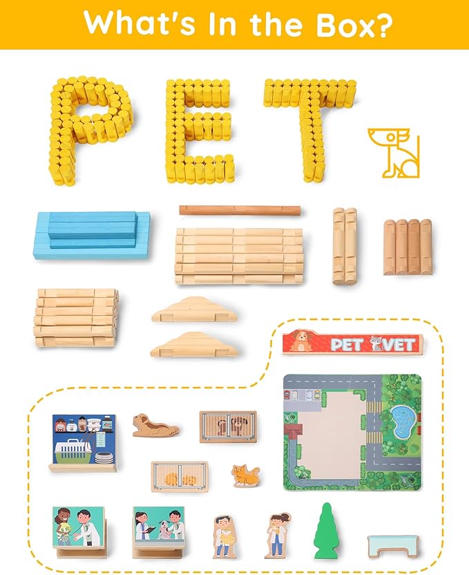 SainSmart Jr. Wooden Logs Set - 229 PCS Classic Building Toy for Kids, Pet Vet Log Kits Compatible with Lincoln Logs, Ages 3+
