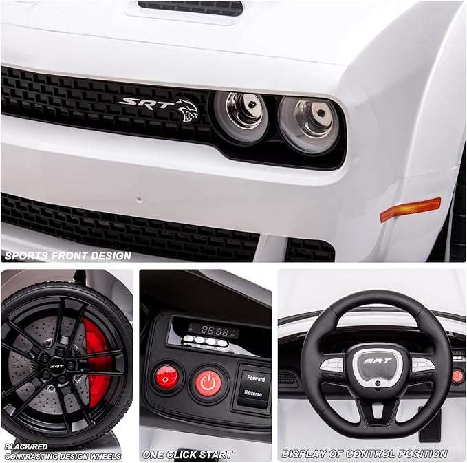 Kids Electric Car | Licensed Dodge Challenger Ride-On 12V Battery-Powered Vehicle with Remote, LED Lights, Bluetooth, MP3 for Boys and Girls, White