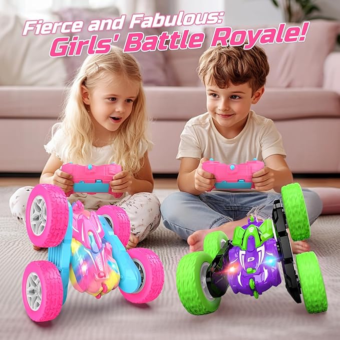 DEERC Rainbow Remote Control Car for Girls, Pink RC Cars Toy with LED Lights, 2.4 GHZ Double Sided RC Stunt Drift Car 360°Rotating, All Terrain RC Crawler Gift for Kids, 40+ Mins Running Time