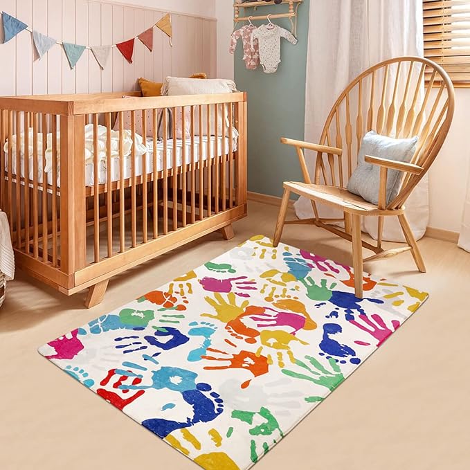 STARUIA Handprints and Footprints Kids Rug for Playroom, 3'x5' Washable Colorful Nursery Rug for Boys and Girls Room, Ultra Soft Non-Slip Carpet Indoor Mat for Classroom Bedroom
