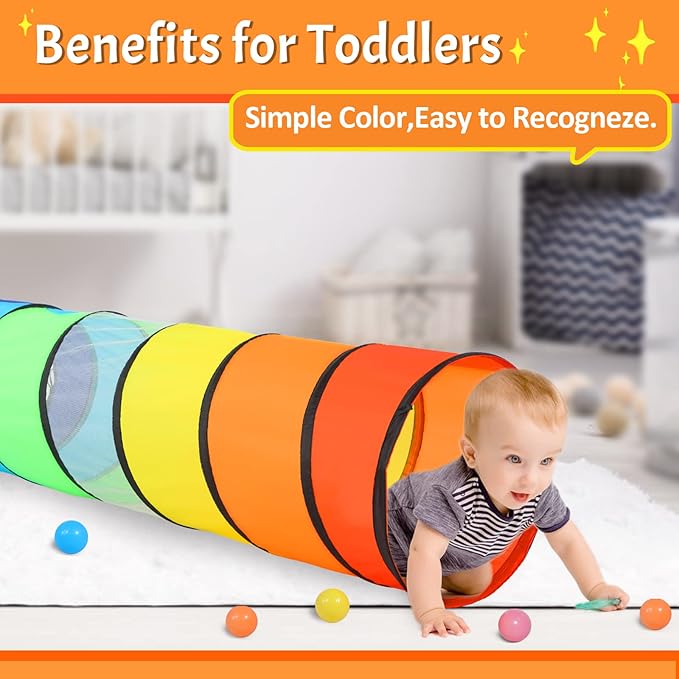 Kids Play Tunnel for Toddlers, 5.7 Foot Pop Up Crawl Through Tunnel Play Tent for Baby Infant Children or Dog with 2 Mesh Sides, Kids Tunnel Toys or Gift Indoor & Outdoor (Rainbow Crawling Tunnel)