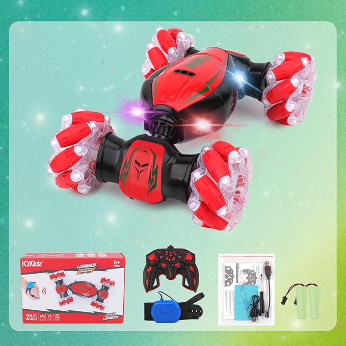 Gesture Sensing RC Stunt Car - Christmas Red, Best Birthday Gifts for Kids 6-12, Hand Remote Control Double Side Twist Cars Toys with Light Music, 4 WD Drift Off Road for Rotation