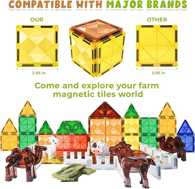 Magnetic Tiles for Kids Ages 4-8, Farm Magnet Tile Set with Animals for Toddlers Ages 3+ Boys Girls, Magnets Building Blocks Toy for Travel, Stem Educational Toys for Preschool