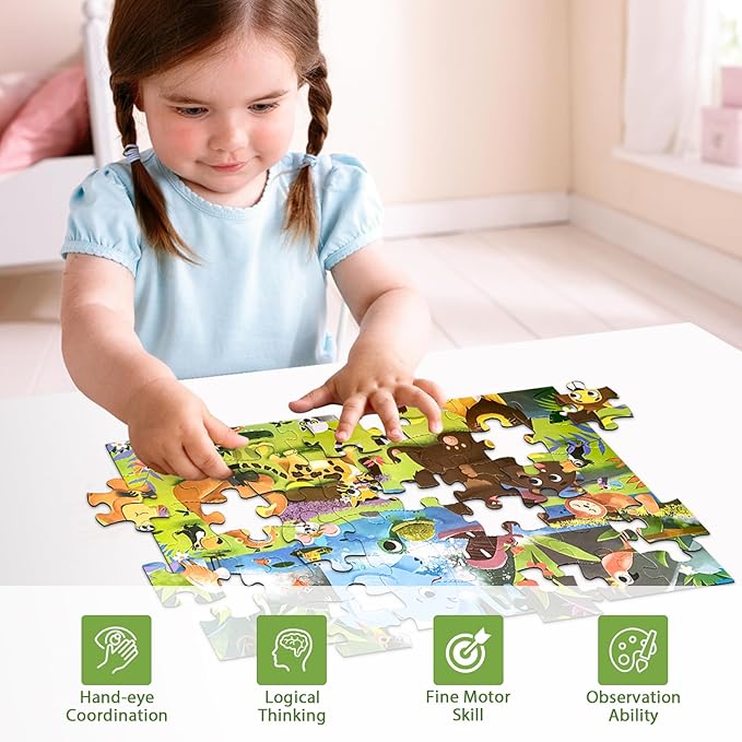 Jumbo Floor Puzzle for Kids, Dinosaur Puzzle for Kids Ages 4-8, 48pcs Jigsaw Puzzle for Toddlers 3-5 Year Old, Preschool Learning & Education Toys, Great Gift for Children(Jungle Animals)