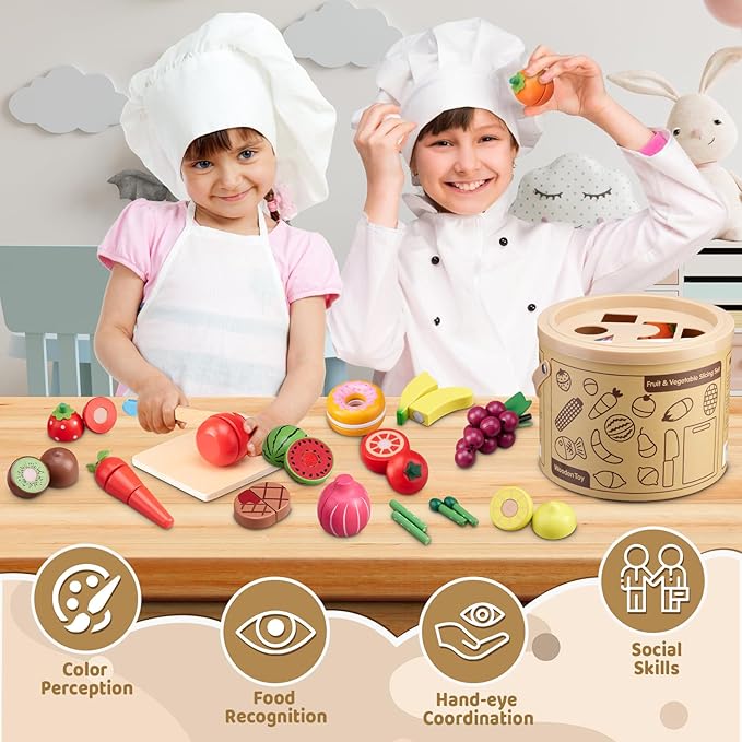 Wooden Play Food Sets for Kids Kitchen Accessories, Pretend Toy Food Velcro Fruit and Veggies Cutting Food Toy Set, Play Food Montessori Toys for 3 4 5 6 7 8 Boys and Girls Gift