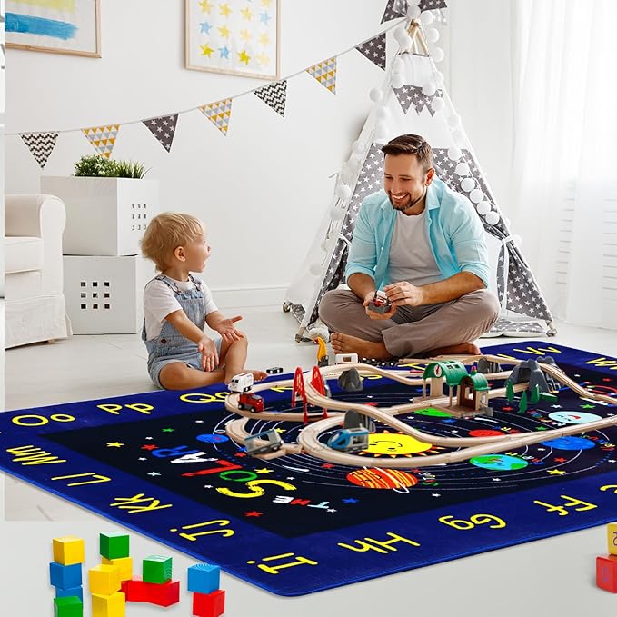 Large Area Rug 8x10 Outer Space Non-Slip Low Pile Solar System for Learning Galaxy Space Themed ABC Alphabet Soft Planet Kids Play for Classroom Bedroom Nursery Playroom Blue