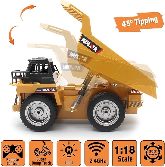 fisca Remote Control Dump Truck 2.4Ghz 4WD RC Truck 6 Channel Mine Construction Vehicle Toy Machine Model with LED Light and Metal Cab for Kids