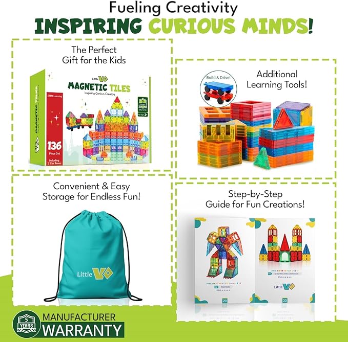 Magnetic Tiles 136 PCS with 2 Cars and 8 Extra Alphabets – STEM Building Blocks for Kids, Educational Gift for Boys & Girls