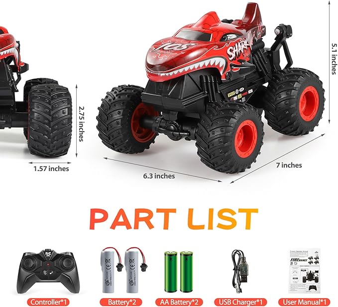 Remote Control Car, 2.4Ghz All Terrain Shark Monster Truck Toys, RC Truck with Music, 3 Lighting Effects, 360 Stunt Capable, All Included Ready to Run, Toy Gifts for Boys and Girls (Red)