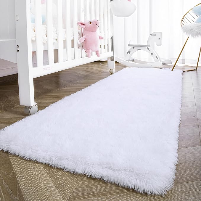 Ompaa Fluffy Runner Rugs, 2x4 Feet White, Super Soft Shaggy Carpet Fuzzy Long Fur Rug for Bedroom Living Room Dorm, Plush Kids Playroom Baby Girls Nursery Decor Mats