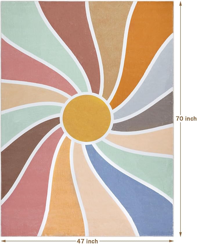 Topotdor Sun Rainbow Nursery Rugs,Colorful Boho Kids Rug Ultra Soft Washable Non Slip Area Rug for Bedroom Perschool Classroom,47"x70"