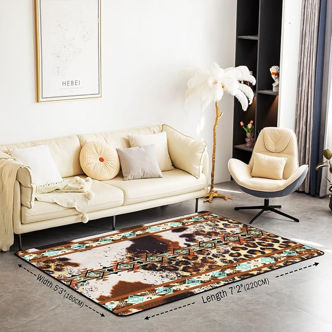 Erosebridal Cowhide Area Rug 5x7, Brown Leopard Print Rug, Western Rugs Exotic Aztec Cow Print Carpet for Bedside, Farmhouse Wild Animal Skin Cowboys Living Room Rugs for Men