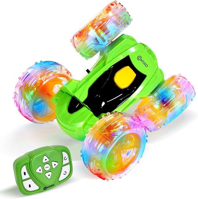 Contixo RC Stunt Car 4WD 2.4GHz, Green Double-Sided 360° Rotating Remote Control Cars with LED Lights, for Kids Girls Boys Age 4-12