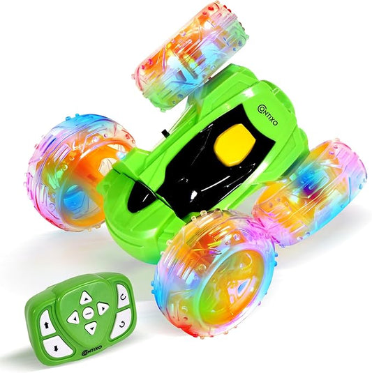 Contixo RC Stunt Car 4WD 2.4GHz, Green Double-Sided 360° Rotating Remote Control Cars with LED Lights, for Kids Girls Boys Age 4-12