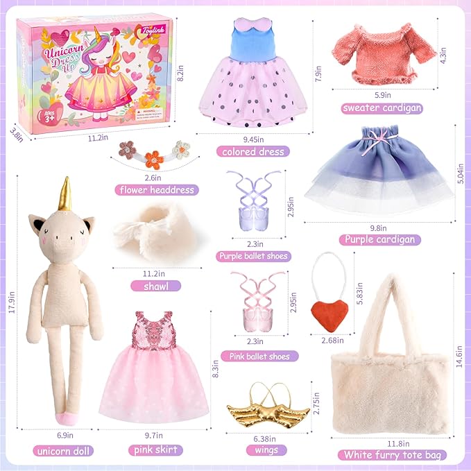 Ballerina Unicorn Doll Stuffed Animal Toys for Girls - Plush Bag | 3 Set Cloth Accessories | Ballet Shoes, Kids Pretend Play Doll Pet Care, Christmas Birthday Gift for 3 4 5 6 Year Old Girls