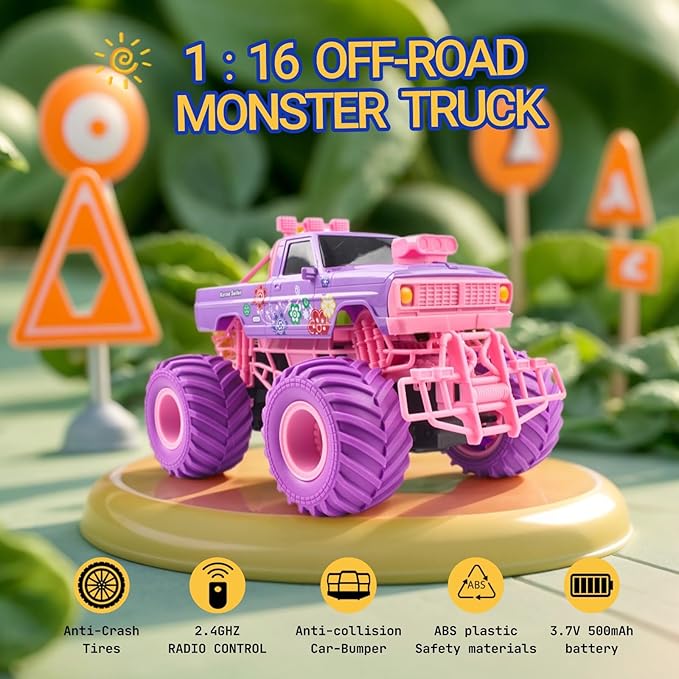 Remote Control Car, All - Terrain RC Off - Road Truck, 1:16 Scale Hobby Monster Truck Toys 2.4GHz Vehicles Gifts,Remote Control Car for Girls Age 6-8-12, Pink and Purple