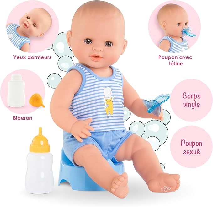 Corolle Drink and Wet Bath Baby Paul - 14” Boy Baby Doll with 3 Accessories - Bottle, Potty, and Pacifier - Really Drinks and Goes Potty, for Kids Ages 2 Years and up