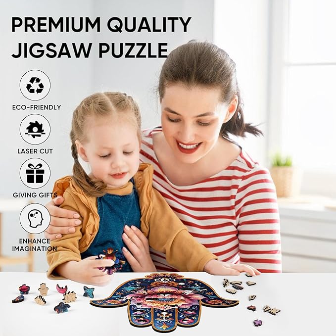 Hamsa Wooden Puzzles, 200 Pieces Hand Jigsaw Puzzles 13.3'' x10.4'', Unique Design Liberty Wooden Puzzles for Adults and Kids, Family Game Gift Medium Size