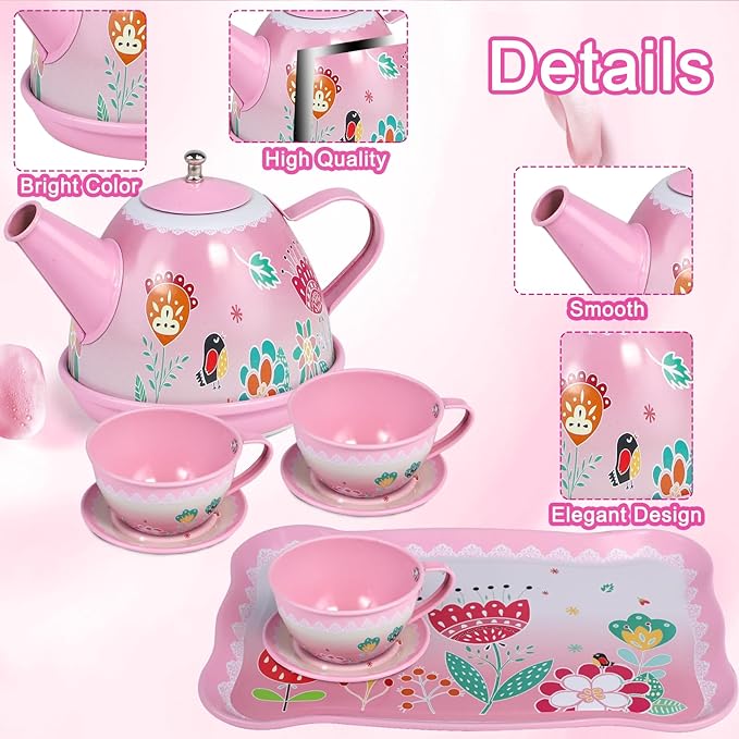 Tea Party Set for Little Girls,PRE-WORLD Princess Tea Time Toy Including Dessert,Cookies,Doughnut,Teapot Tray Cake, Tablecloth & Carrying Case,Kids Kitchen Pretend Play for Girls Boys Age 3-6