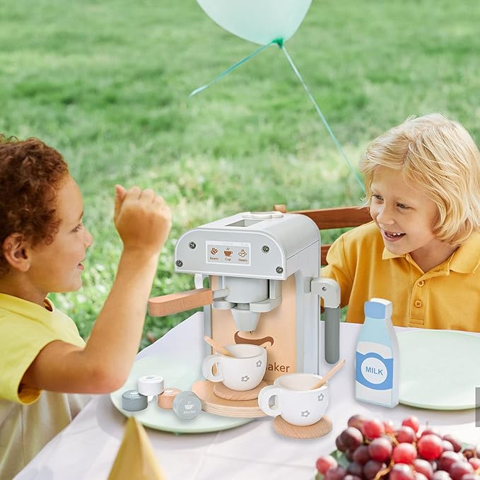 Kids Wooden Toys Toddler Pretend Play Kitchen Accessories Coffee Maker Espresso Machine Playset Montessori Kitchen Toy Gift for Girls and Boys