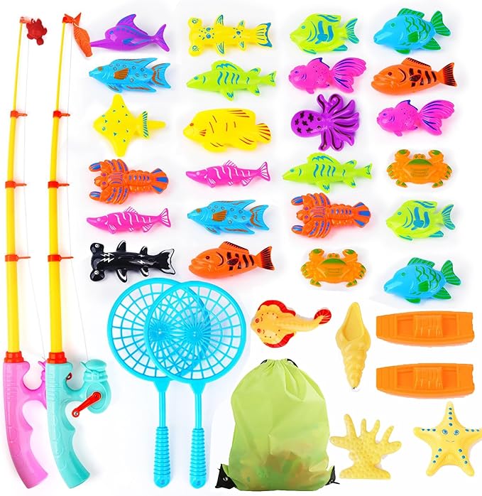 Magnetic Fishing Game - 36 Pcs Color Ocean Sea Animals Plastic Floating Fish with Pole Rod Net Storage Bag, Water Table Bathtub Game for Age 3 4 5 6 Year Kids Toddler, Bath Toys for Kids Ages 4-8