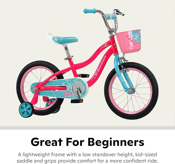 Schwinn Elm BMX Style Toddler and Kids Bike, For Girls and Boys, 16-Inch Wheels, With Saddle Handle, Training Wheels, Chain Guard, and Front Basket, Recommended Height 38-48 Inch, Pink
