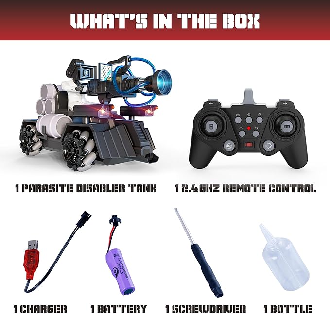 Force1 Officially Licensed Skibidi Toilet Toy Cameraman Figure PDLT Tank RC Truck- Parasite Disabler Tank Remote Control Car, Rechargeable RC Car with LED Lights, 2.4 GHz, Mist Spray, Beginner RC Cars