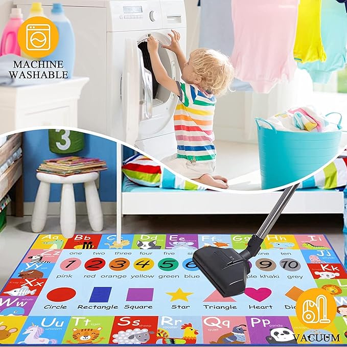 HEBE Kids Play Rug 3'4"x5' ABC Alphabet Numbers Shapes Educational Kid Area Rug Washable Baby Crawling Mat Non Slip Kid Play Mat Carpet for Girl Boy Bedroom Playroom