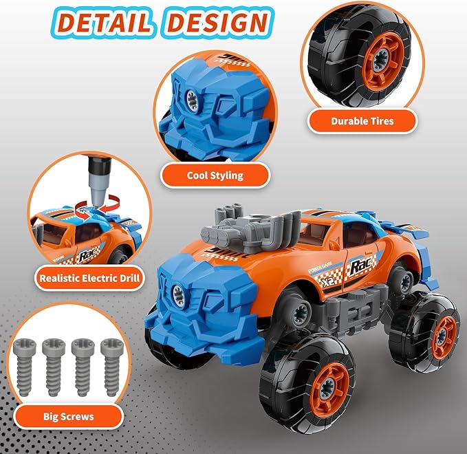 Pup Go 3-in-1 Take Apart Car for Boys with Electric Drill, 43Pcs Construction Toy Truck, Build Your Own Car with Play Tools, Ideal STEM Gift for Kids Children Ages 3 4 5 6 7 Year Orange