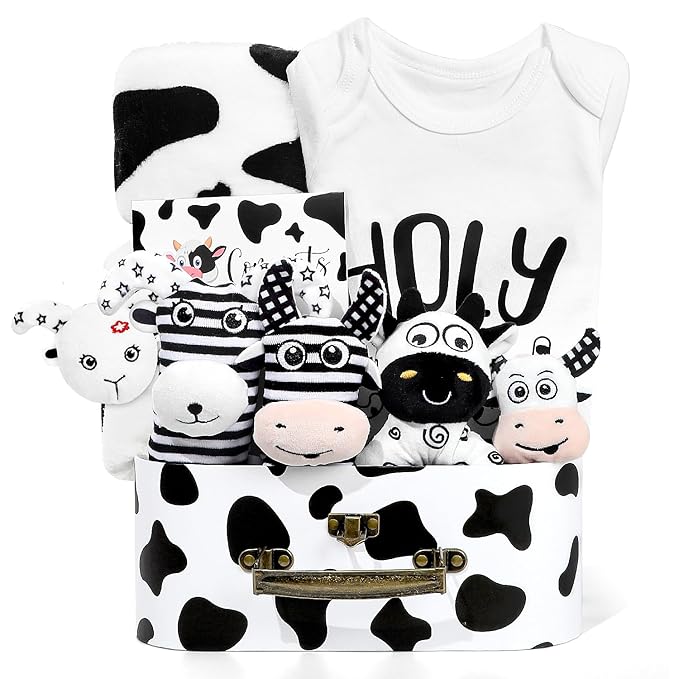 Baby Shower Gifts, Baby Gift Set for Newborn, Black and White High Contrast Baby Montessori Toys 0-6 Months Infant Rattle Socks Blanket Onesies, New Baby Gifts Basket for Girls Boys