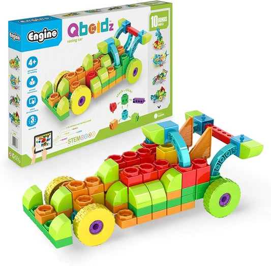 Engino: Qboidz Racing Car - 10 Model Brick Building Set, Toy Construction, Coloring & Math Activities, Stack-Click Assembly, STEM Play-Learn, Kids 4+