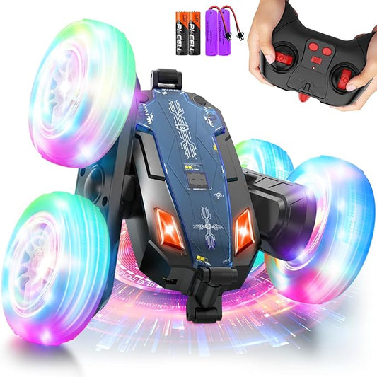 Remote-Control-Car-Stunt-RC-Car, New Upgraded 2.4Ghz 4WD Double-Sided 360° Rotating RC Crawler with Headlights & Wheel Lights, RC Truck Toy Cars Gift for Kids Boys and Girls Aged 6-12