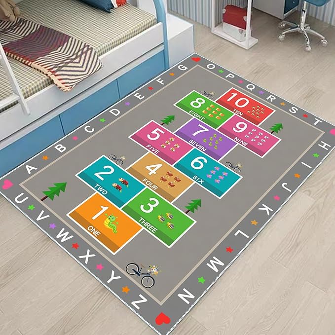 Hopscotch Play Rug Carpet for Kids, ABC Alphabet Number Educational Rug, Children's Counting Game Mat for Playroom, Classroom, Bedroom and Nursery (Grey, 47x71 in)