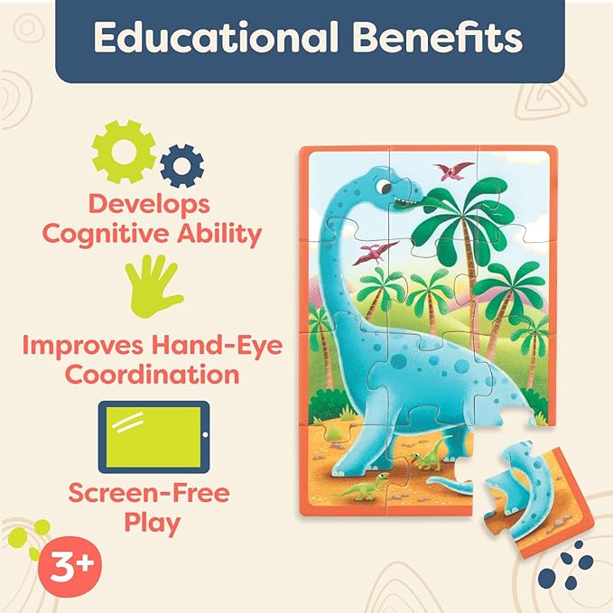 B. toys- Pack o' Puzzles - Dinosaurs- Wooden Puzzle Set – 4 Dinosaur Puzzles – Classic Prehistoric Puzzle – 12-Piece Jigsaw Puzzles for Kids – 3 Years +
