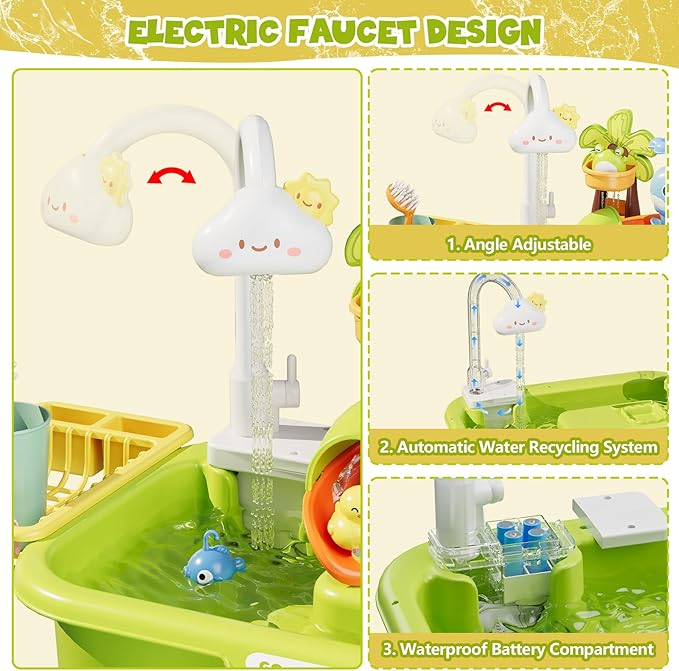 3 in 1 Play Sink with Running Water, Play Kitchen Sink Toy with Electric Faucet/Play Food/Pool Toys/Fishing Game, Pretend Play Water Table for Toddlers 3-5, Water Toys for Kids Ages 4-8