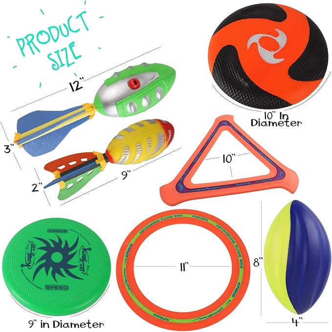 8-in-1 Sports Combo Play Set - Ultimate Outdoor Family Backyard Games with Foam Football, Flying Discs, Aero Rings, Boomerang, Whistling Missiles – Throw & Catch Fun Activities for Kids