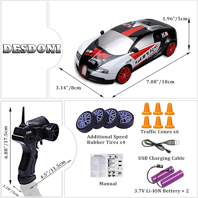 RC Drift Car Remote Control Car 2.4GHz 1:24 Scale 4WD 15KM/H High Speed Model Vehicle LED Lights Drifting Tire Racing Sport Toy Car for Adult Boys Girls Kids Gift 2Pcs Rechargeable Batterie