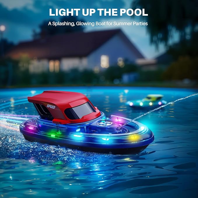 SYMA 2 Pack RC Boats for Kids 8-12, Remote Control Racing Boat Set for Pool with LED Lights,40 Mins Playtime(2 Batteries) and One-Key Water Spay, Summer Gifts Toys for Boys and Girls